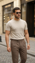 Erkek Basic Bisiklet Yaka Kısa Kollu Triko Tişört - %100 Pamuk Akrilik - Görsel 2