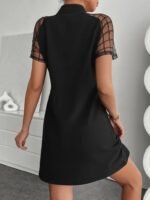 Kadın Kısa Kollu Boyundan Bağlamalı Omuzlarda Tül Detaylı Janjan Krep Elbise - Görsel 5