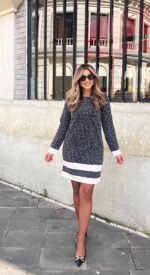 Kadın Uzun Kollu Yuvarlak Yaka Etek Ucu şerit Detaylı Kısa Dokuma Elbise - Görsel 3