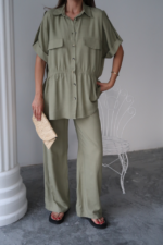 KETEN BELDEN BÜZGÜ DETAYLI GÖMLEK - PANTOLON TAKIM - Yeşil - Görsel 3