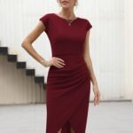 Kadın Yarım Ay Kollu Bisiklet Yaka Yandan Drapeli Ithal Krep Elbise