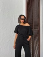 Kadın İsa Kollu Kayık Yaka Bluz Ve Pantolon Misal Kumaş Ikili Takım - Görsel 2