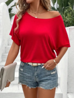 Kadın Tek Omuzu Açık Kısa Kollu Salaş Viskon Bluz - Görsel 4