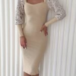 Kadın Kare Yaka Kolları Manşet Ve Tül Detay Fırsat ürün Midi Boy Elbise