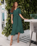 Kadın Kruvaze Yaka Midi Boy Kuşaklı Krep Elbise 120 Cm - Görsel 2