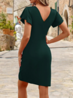 Kadın Kısa Kollu Volanlı Kruvaze Yaka Yanlardan Büzgülü Ithal Krep Elbise - Görsel 2