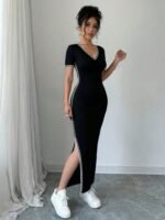 Kadın Kısa Kollu V Yakalı Yandan Yırtmaçlı Viskon Iki Iplik Elbise - Görsel 3