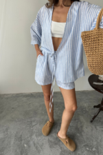 ÇİZGİLİ TUNİK -ŞORT TAKIM - Mavi - Görsel 2