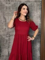 Kadın Kısa Kollu Yakası Açık Katlı Bürümcük Balon Elbise - Görsel 4