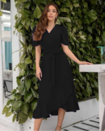 Kadın Kruvaze Yaka Midi Boy Kuşaklı Krep Elbise 120 Cm - Görsel 6