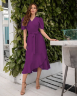 Kadın Kruvaze Yaka Midi Boy Kuşaklı Krep Elbise 120 Cm - Görsel 5