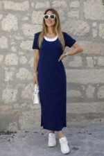 Kadın Kısa Kollu Içi Atlet Görünümlü Yandan Yırtmaçlı Uzun Viskon Elbise - Görsel 2