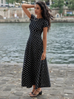 Kadın Kısa Kollu Bisiklet Yaka Puantiyeli Maksi örme Krep Elbise - Görsel 4