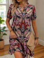 Kadın Kısa Kollu V Yakalı Desenli Kısa Süprem Elbise - Görsel 5