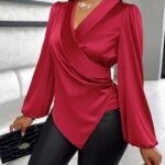 Kadın Uzun Kollu Kruvaze Yakalı Asimetrik Saten Bluz