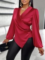 Kadın Uzun Kollu Kruvaze Yakalı Asimetrik Saten Bluz