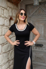 Kadın Yuvarlak Ribana Yaka Beyaz Yırtmaç Detaylı Viskon Tam Boy Elbise - Görsel 4