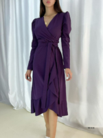 Krep Kumaş Midi Boy Kuşaklı Uzunkol Elbise - Görsel 4