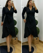 Krep Kumaş Midi Boy Kuşaklı Uzunkol Elbise 113 Cm - Görsel 6