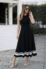 Kadın Askılı Yuvarlak Yakalı Etek Ucu şerit Detaylı Uzun Viskon Elbise - Görsel 2