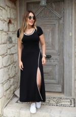 Kadın Yuvarlak Ribana Yaka Beyaz Yırtmaç Detaylı Viskon Tam Boy Elbise - Görsel 3