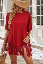 Kadın Kısa Kollu Bisiklet Yaka Püsküllü Viskon Bluz - Görsel 3