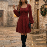 Kadın Uzun Kollu Kare Kalp Yakalı Mini Modal Elbise