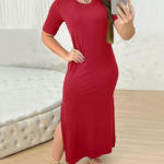 Kadın Kısa Kollu Bisiklet Yaka Yandan Yırtmaçlı Viskon Elbise