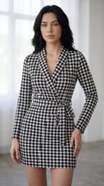 Kadın Uzun Kollu Kruvaze Yaka Bağlamalı Kemer Dalgıç Mini Boy Elbise - Görsel 2