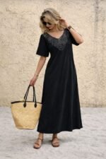 Kadın Kısa Kollu Dantel Güpür Detay V Yaka Maxi Boy Elbise - Görsel 2