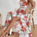 Kadın Ip Askılı V Yakalı Bel Güpür çiçek Desenli Yandan Yırtmaçlı Maksi Süprem Elbise