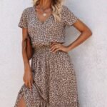 Kadın Kısa Kollu V Yakalı Beli Lastikli Midi Süprem Elbise