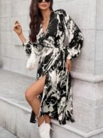 Kadın Uzun Kollu Kruvaze Yakalı Yandan Bağlamalı Desenli Mini Modal Elbise