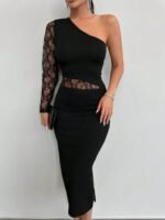 Kadın Siyah Tek Kol Dantel Detay Omuz Dekolte Krep Elbise - Görsel 23