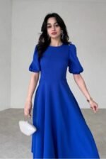 Kadın Kısa Balon Kollu Bisiklet Yaka Geniş Kesim Janjan Krep Elbise - Görsel 3