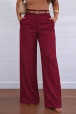 Kadın Yüksek Bel Geniş Paça Detaylı Cepli Ithal Krep Pantolon - Görsel 3