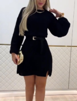 Kadın Uzun Kollu Yuvarlak Yakalı Kısa Triko Elbise - Görsel 2