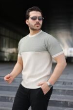 Erkek Renk Bloklu Bisiklet Yaka Kısa Kollu Triko Tişört