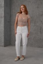 Puantiyeli Belden Oturtmalı Tül Krem Bluz - Görsel 3