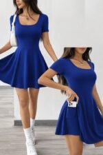 Kadın Kısa Kollu Kare Yakalı Cep Detaylı Dalgıç Elbise Tulum