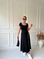 Kadın Yuvarlak Ribana Yaka Beyaz Yırtmaç Detaylı Viskon Tam Boy Elbise - Görsel 8