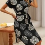 Kadın Kısa Kollu Bisiklet Yaka Desenli Kuşaklı örme Krep Midi Elbise