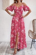 Kadın Ip Askılı Kısa Kollu Kruvaze Yakalı Yırtmaçlı Desenli Süprem Elbise - Görsel 2