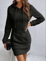 Kadın Uzun Kollu Kapşonlu Cepli Mini Peluş Elbise - Görsel 3