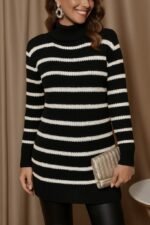 Kadın Uzun Kollu Degaje Yaka çizgili Sonya Iplik Mini Boy Triko Elbise (kemersiz) - Görsel 3