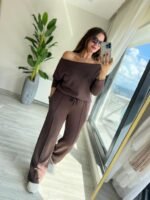 Kadın Uzun Kollu Tek Omuzdan Açık Modal Bluz Ve Pantolon Ikili Takım - Görsel 5