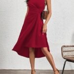 Kadın Sıfır Kollu Bisiklet Yaka Büzgülü Asimetrik Kesim Detaylı Janjan Krep Elbise