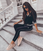 Kadın Uzun Kollu V Yaka Yakası Ve Kol Ağzı şerit Detay Kadife Takım - Görsel 2