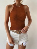 Kadın Kolsuz Halter Yaka Mini Baklava Desenli Triko Bluz - Görsel 3