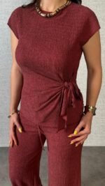 Kadın Kısa Kollu Bisiklet Yaka Yandan Bağlamalı Bürümcük Bluz Ve Pantolon Ikili Takım - Görsel 3